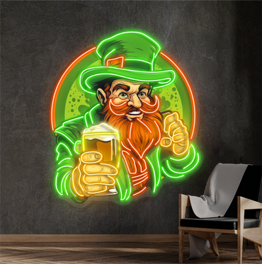Enseigne néon LED "Cheers" avec illustration de leprechaun