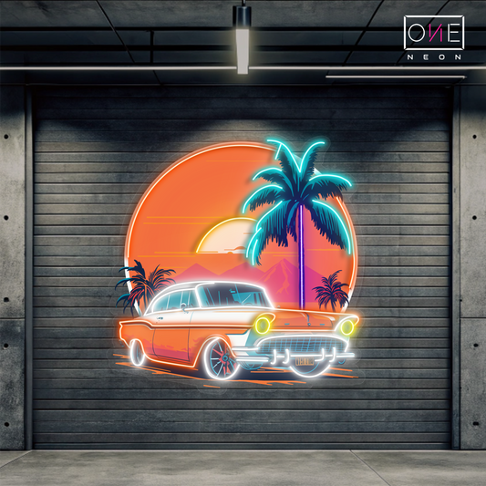 Enseigne néon LED œuvre d'art voiture coucher de soleil