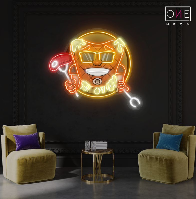 Enseigne néon LED artistique avec mascotte de steak de viande cool