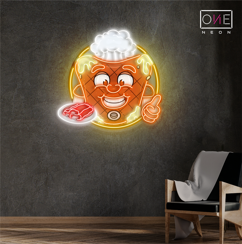 Enseigne lumineuse LED néon « Happy Mascot Of Meat Steak Artwork »