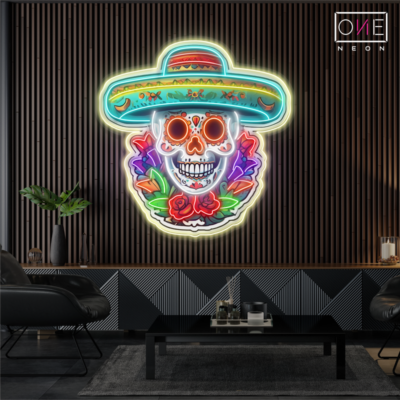 Enseigne néon LED Tête de mort Calavera florale