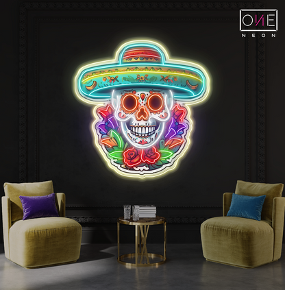 Enseigne néon LED Tête de mort Calavera florale