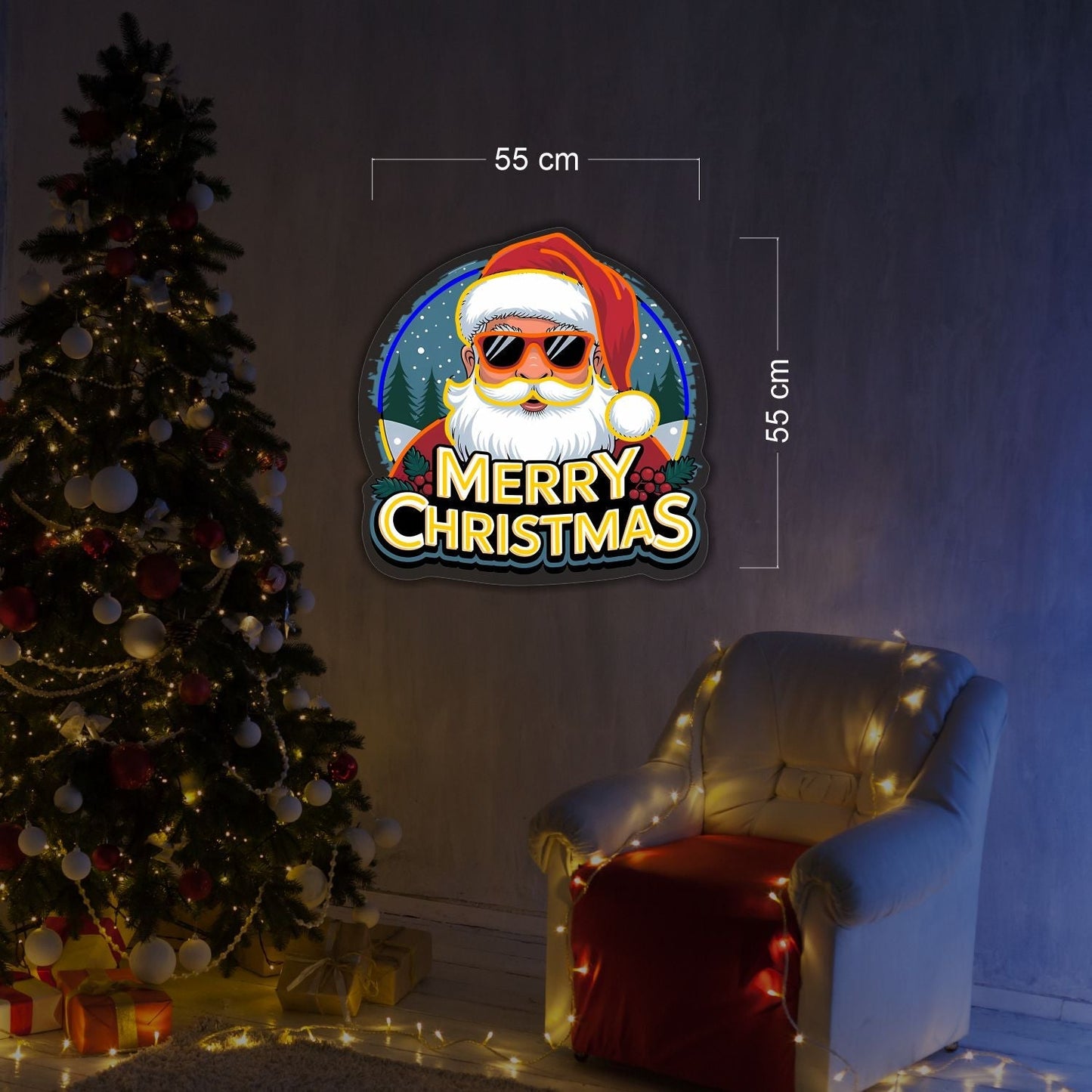Enseigne néon LED "Joyeux Noël" Père Noël stylé