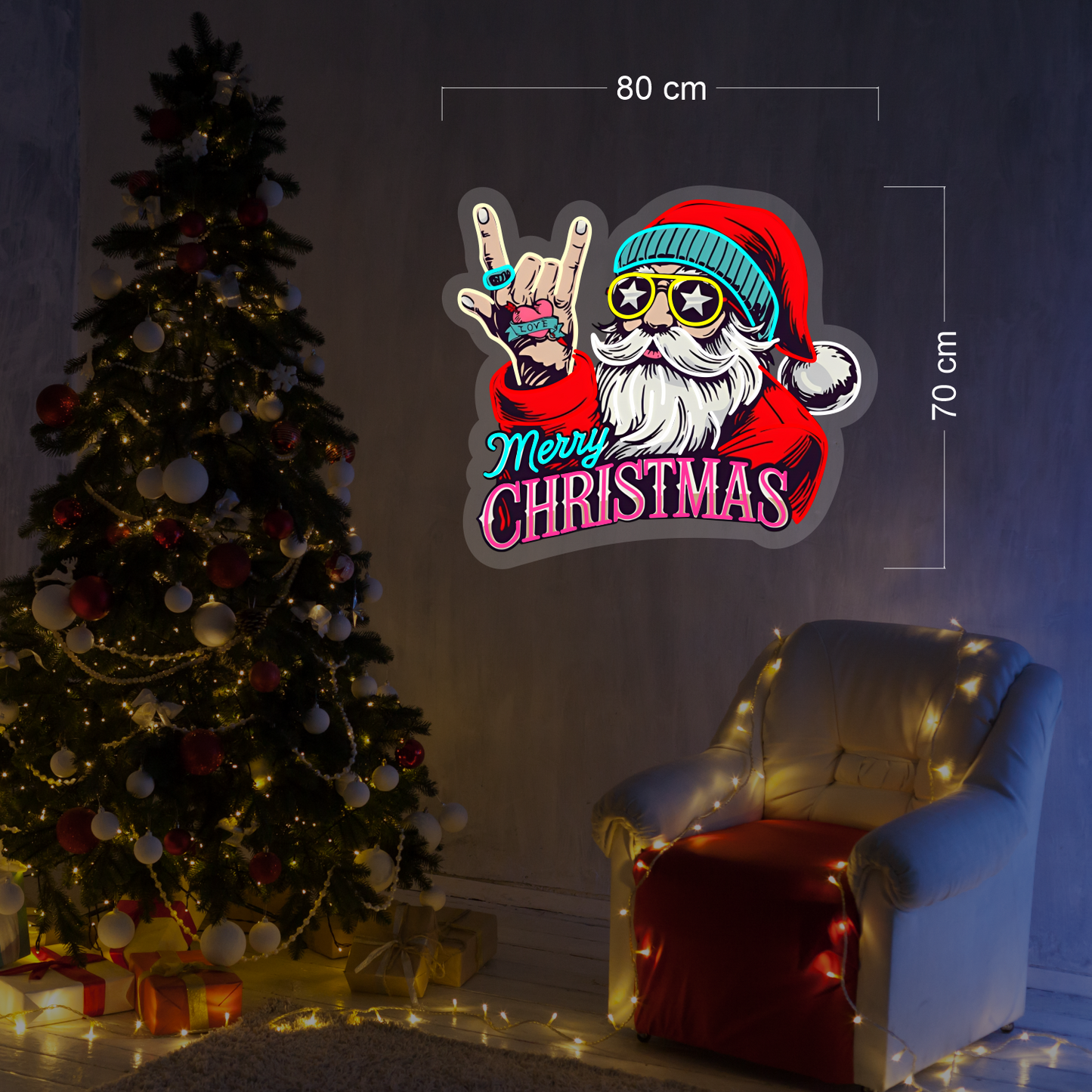 Enseigne néon LED Rockin' Santa Joyeux Noël