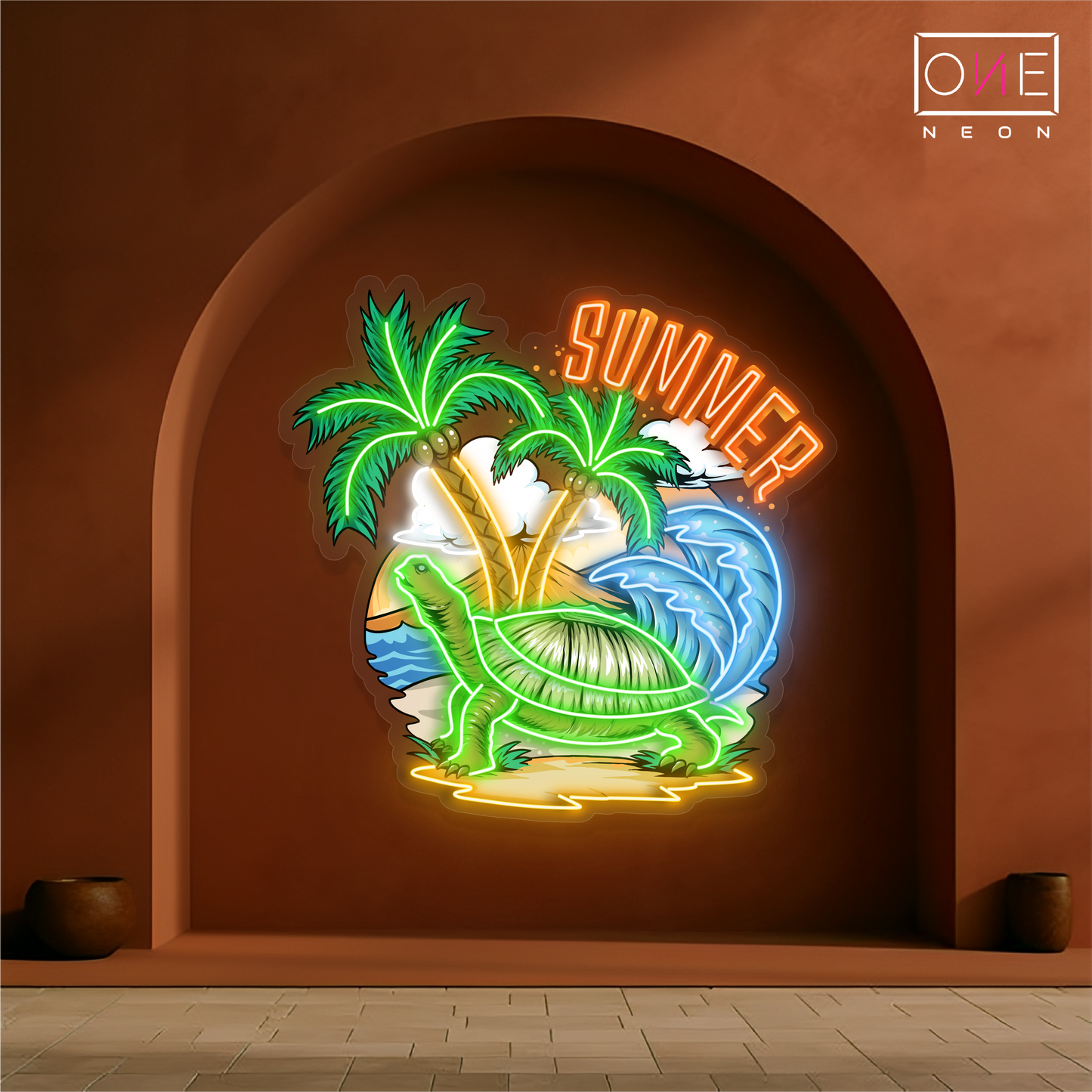 Enseigne néon LED œuvre d'art tortue tropicale d'été