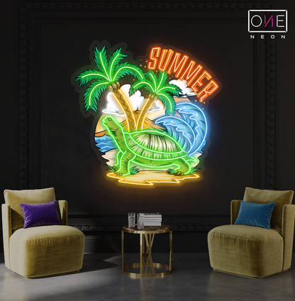 Enseigne néon LED œuvre d'art tortue tropicale d'été