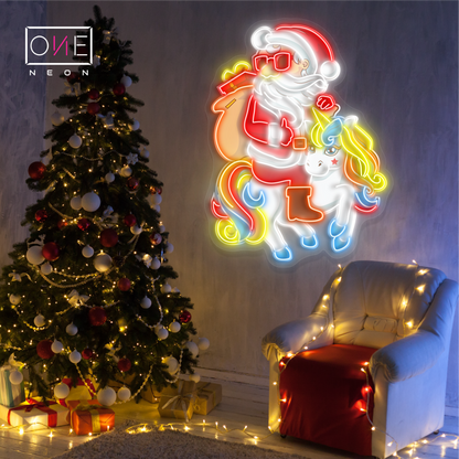 Enseigne au néon LED Père Noël et Licorne (Œuvre d'art de Noël)