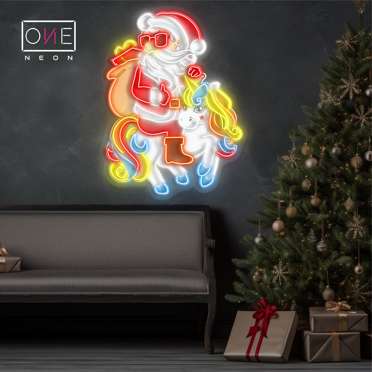 Enseigne au néon LED Père Noël et Licorne (Œuvre d'art de Noël)