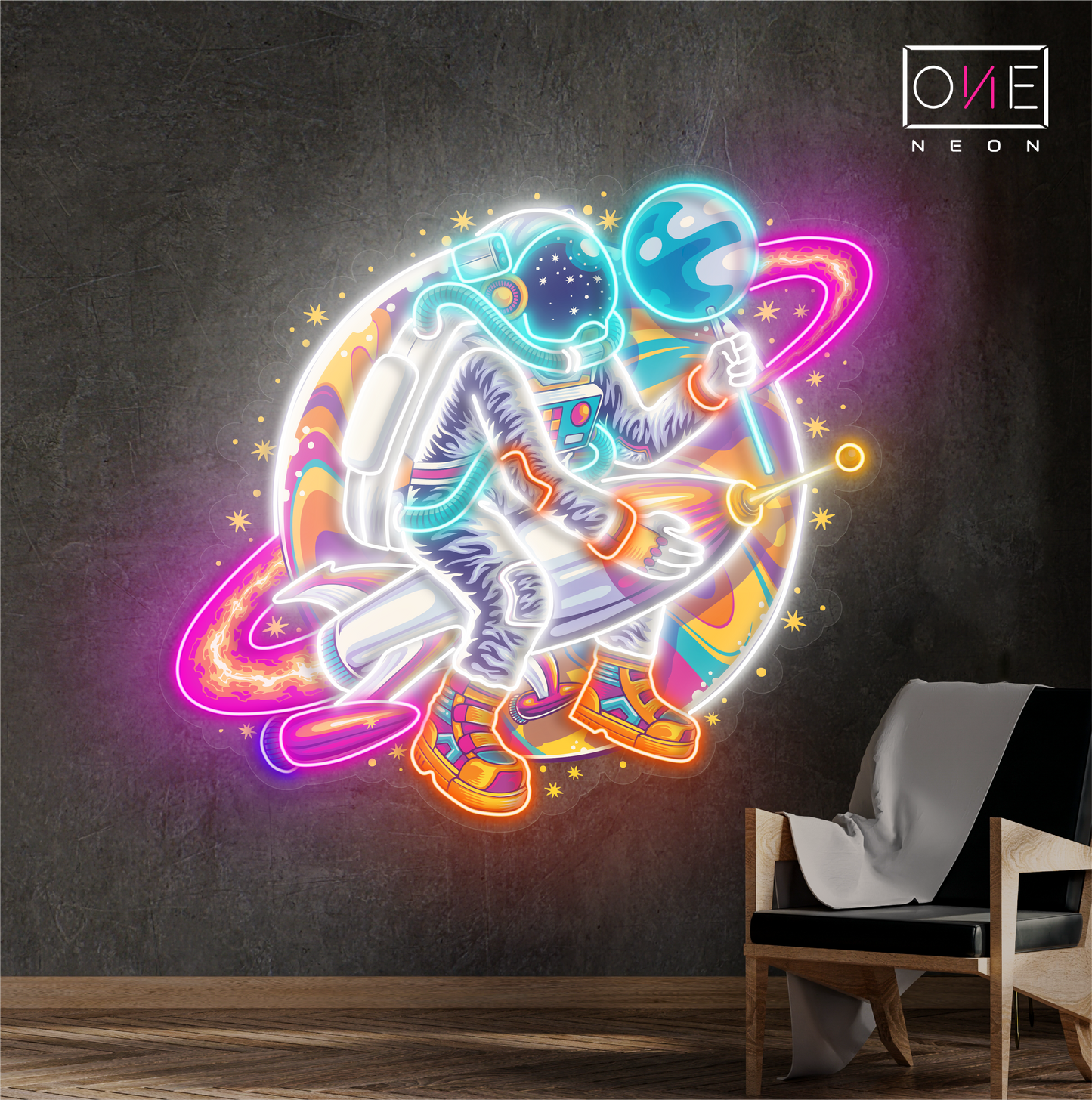 Enseigne lumineuse LED néon Planète astronaute amusant