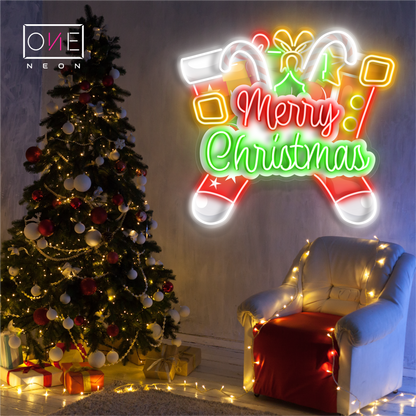 Enseigne néon LED décorative "Merry Christmas Stockings"