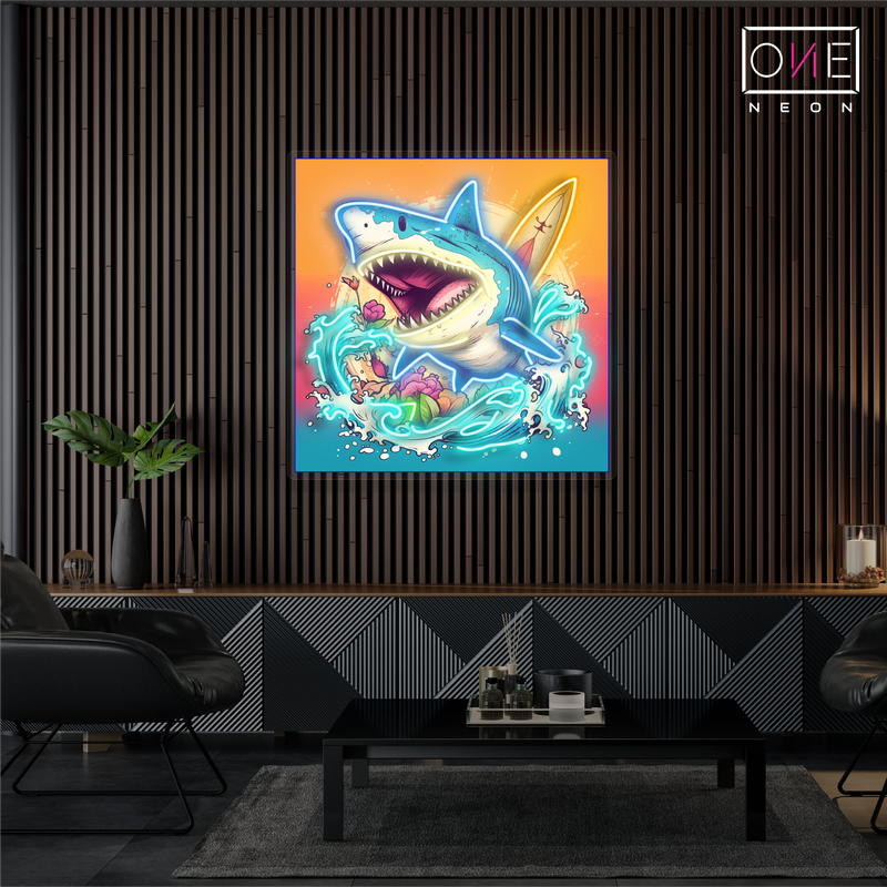 Enseigne Néon LED Requin Surfeur Attaque Dessin Artistique
