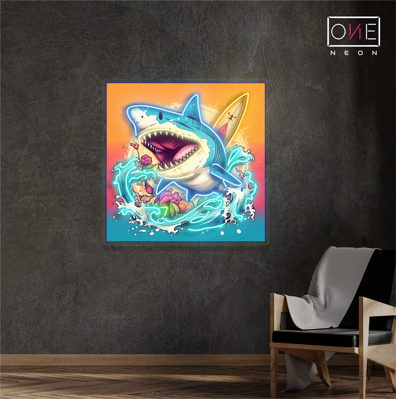 Enseigne Néon LED Requin Surfeur Attaque Dessin Artistique