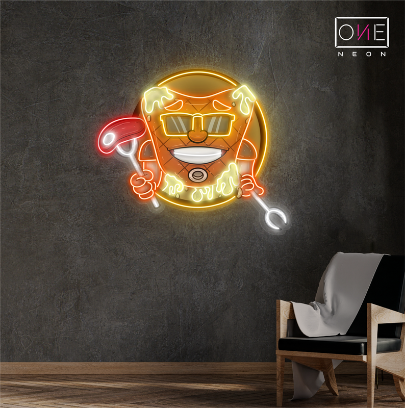 Enseigne néon LED artistique avec mascotte de steak de viande cool