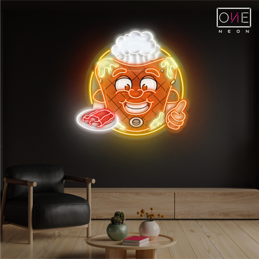 Enseigne lumineuse LED néon « Happy Mascot Of Meat Steak Artwork »