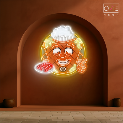 Enseigne lumineuse LED néon « Happy Mascot Of Meat Steak Artwork »