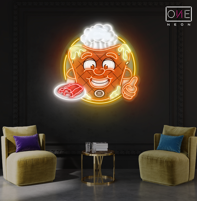 Enseigne lumineuse LED néon « Happy Mascot Of Meat Steak Artwork »